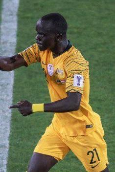 Awer Mabil in action for Australia's national football team during an international match