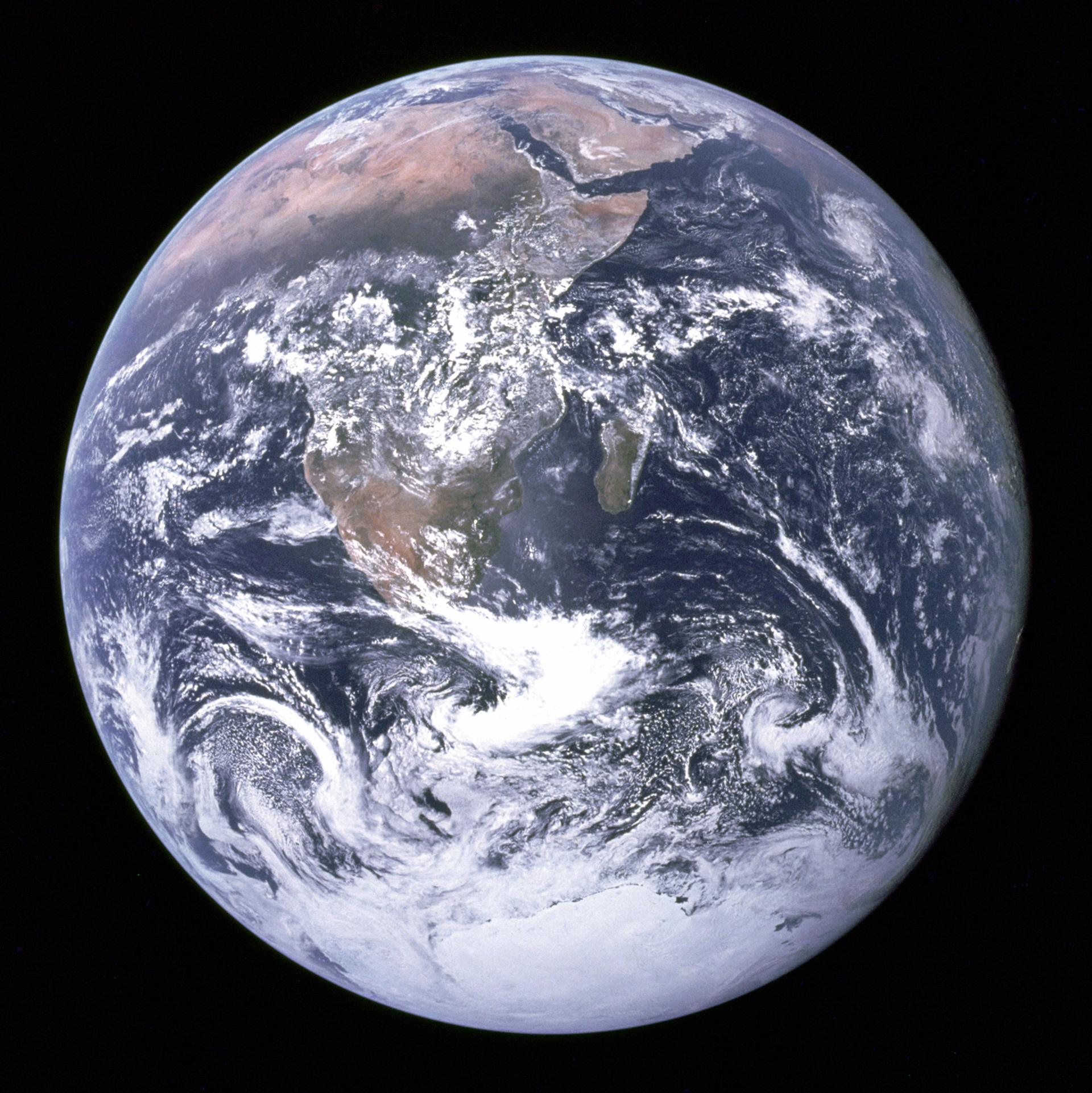 The Blue Marble, NASA's Apollo 17 photograph of the full Earth showing atmosphere, oceans and clouds from space
